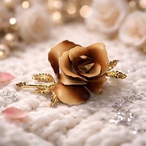 Vintage CORO Brown ROSE Flower Pin Enamel Brooch